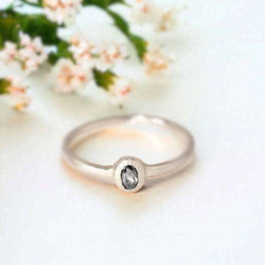 Rose Gold Salt & Pepper Diamond Ring – Textured Bezel, Rose-Cut Gem