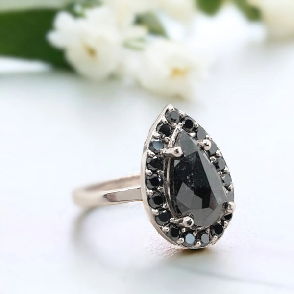 Heritage Chic Black Pear Shape Diamond Vintage Ring, Black Diamond Classic Noir Ring