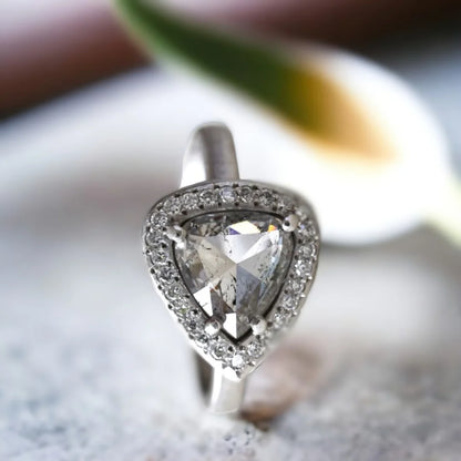 Triangle Cut Salt and Pepper Diamond Halo Ring Exquisite Design