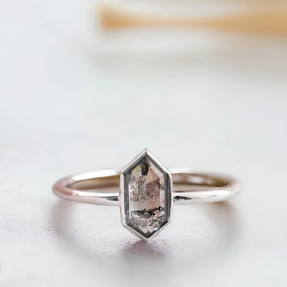 Rose Cut Hexagon Salt and Pepper Diamond Ring Engagement