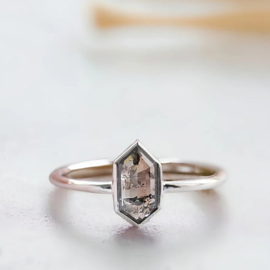 Rose Cut Hexagon Salt & Pepper Diamond Unique Engagement Ring
