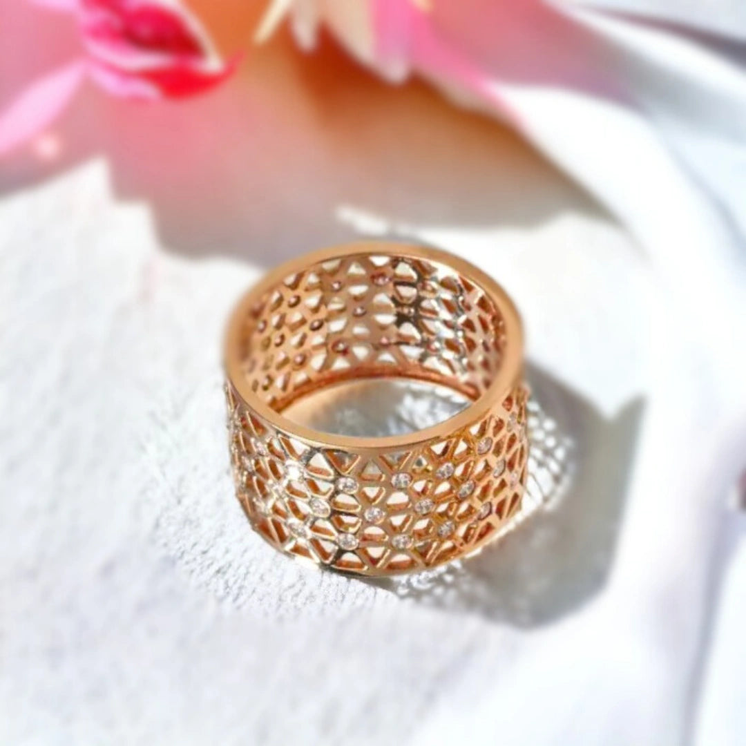 Handcrafted Diamond Band Ring with Pierced Gold Design