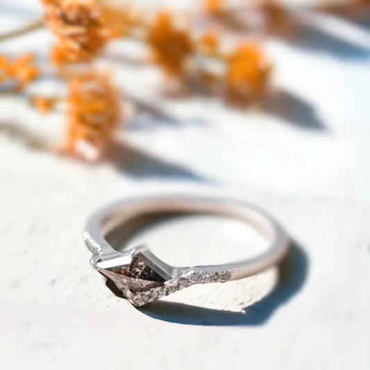Salt & Pepper Kite Diamond Half Halo Engagement Ring – Geometric Design