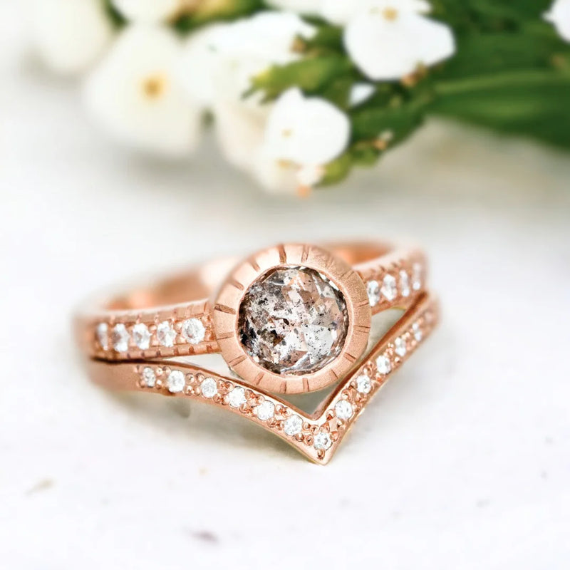 Victorian Lace Love Knot Bridal Diamond Ring Set, Aurora Borealis Salt And Pepper Diamond Ring