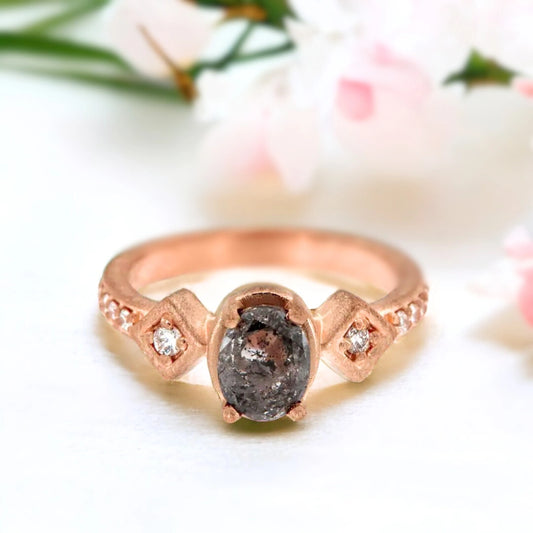 Rose Gold Salt & Pepper Diamond Ring with Oval Center & Accent Stones