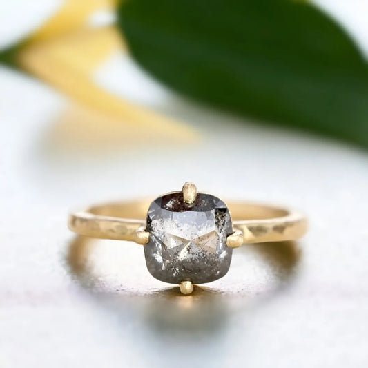 Artisan Salt & Pepper Diamond Ring with Hammered Band - Bridal Ring