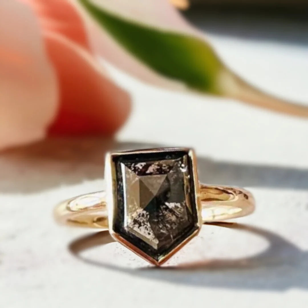 Aegis Amethyst and Salt Pepper Diamond Ring Natural Unique Design