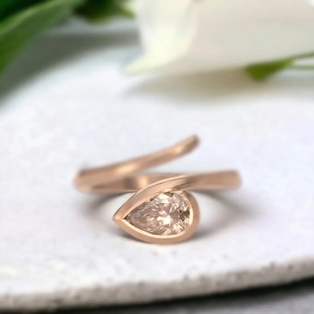 Cognac Pear Diamond Bezel Set Ring Gold Band