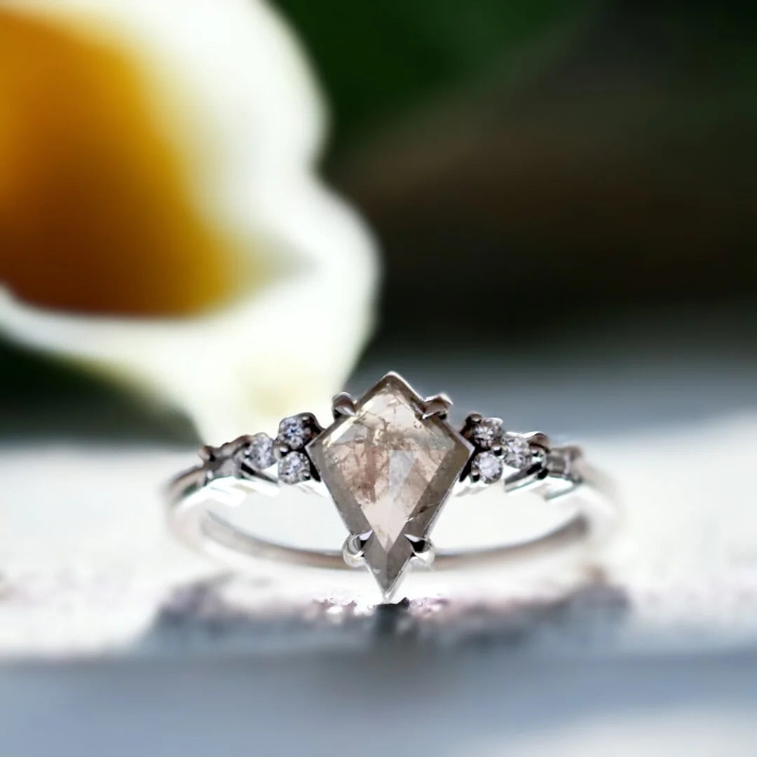 Rustic Salt and Pepper Diamond Ring Organic Speckled Stone