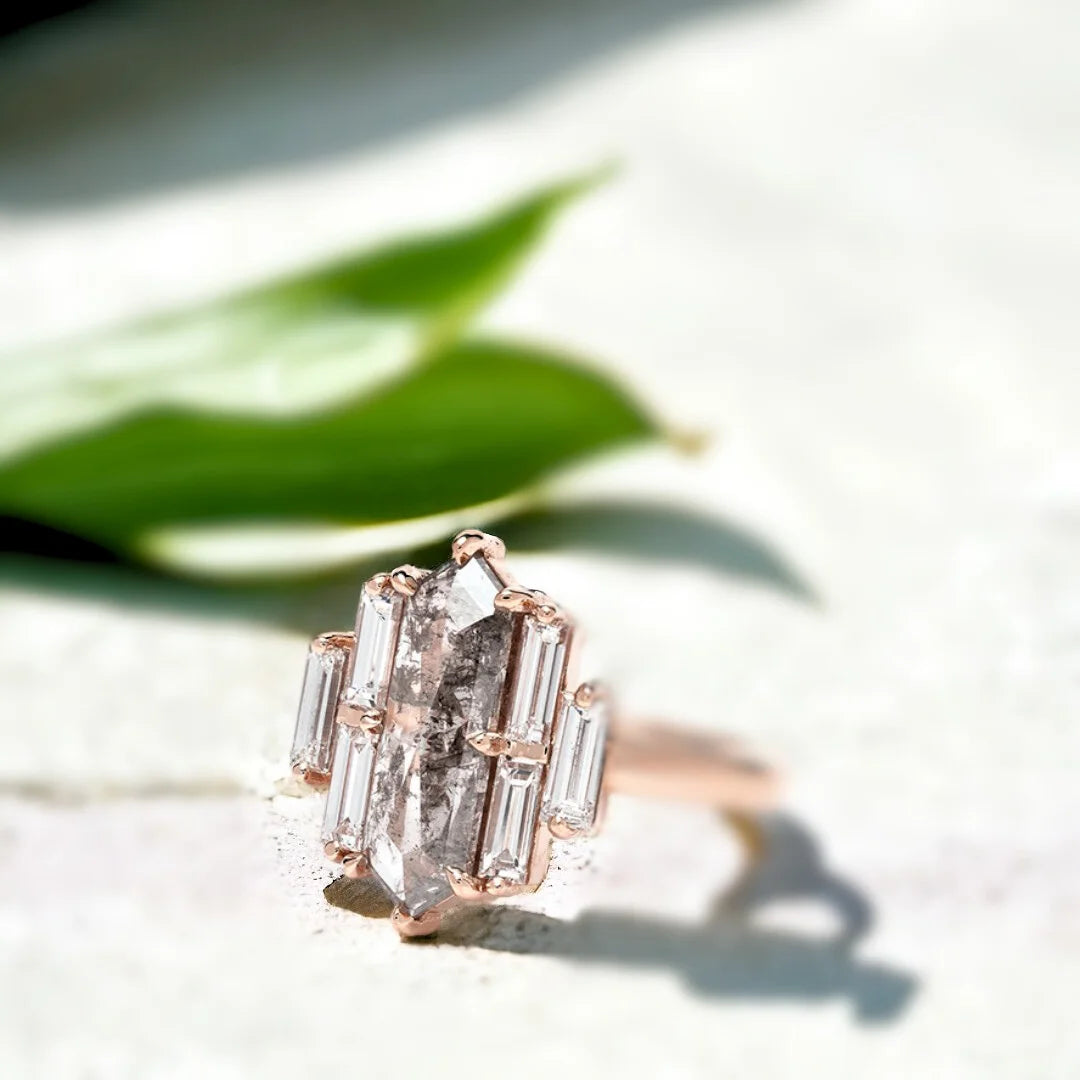 Rose Gold Salt and Pepper Diamond Ring Baguette Side Stones