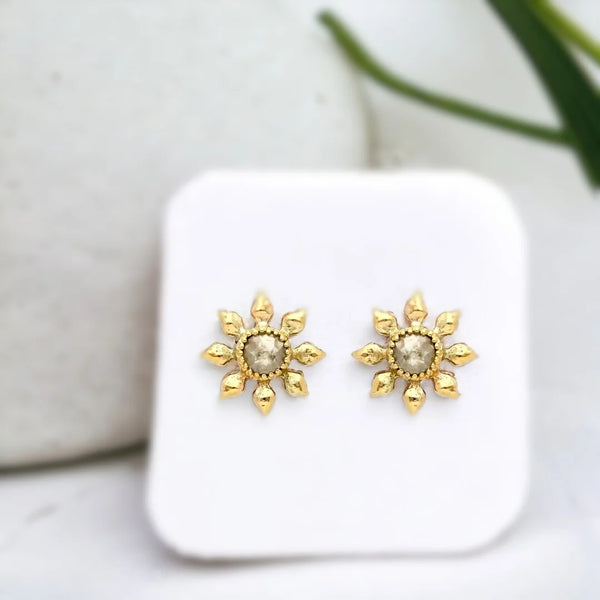 Sunflower Glow Studs Earrings, Sunshine Garden Salt And Pepper Diamond Earrings