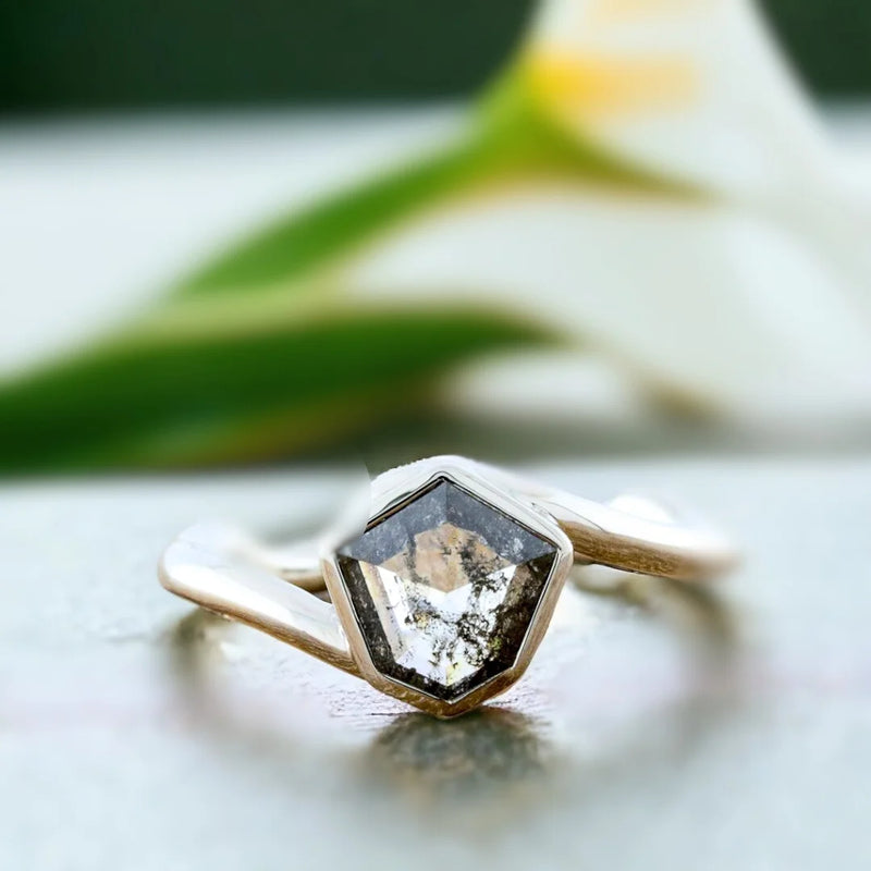 Vintage Charm Salt & Pepper Natural Ensemble Diamond Ring 1.20 CT Shield Cut Diamond