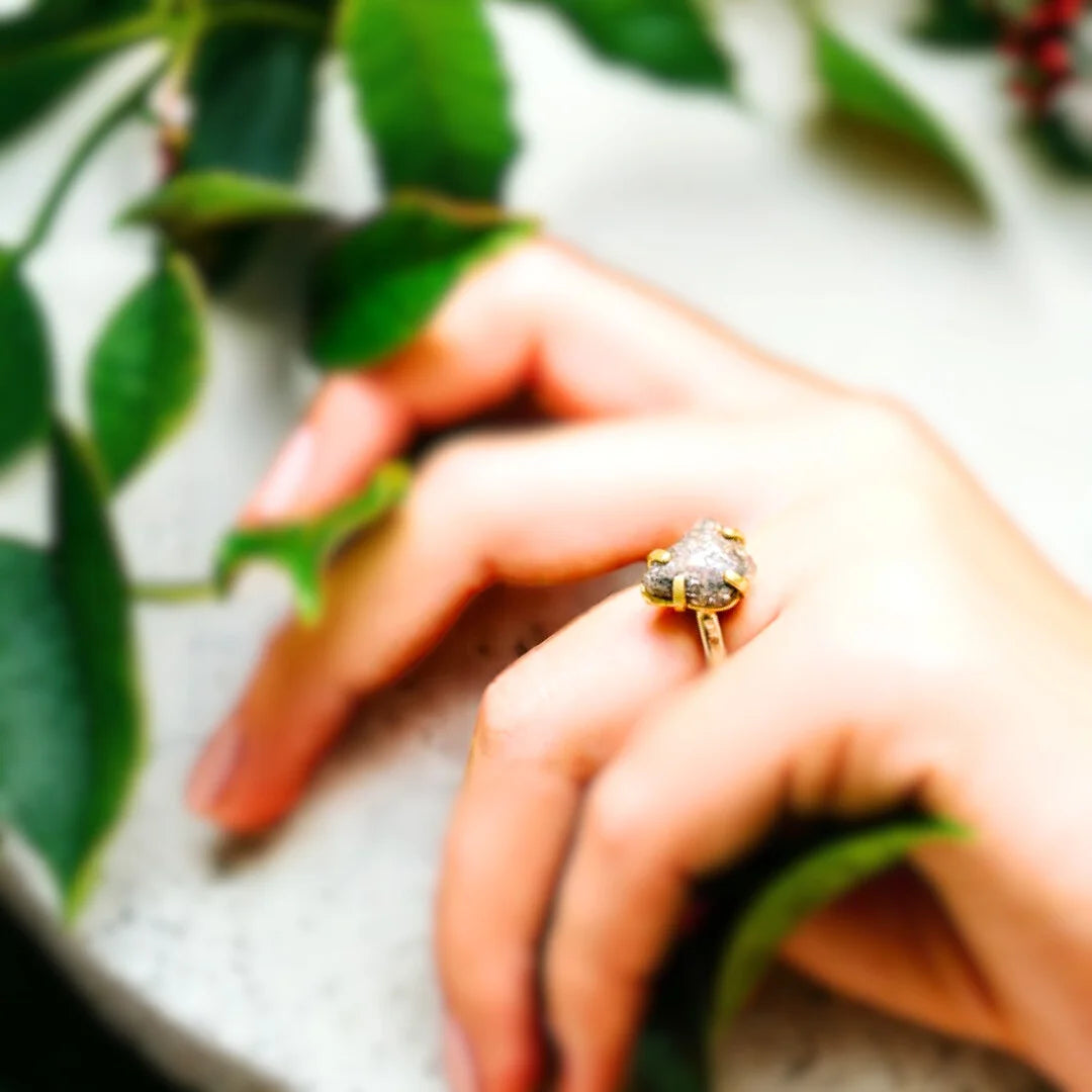 Raw Salt and Pepper Diamond Ring Rustic Hammered Gold Gray Diamond