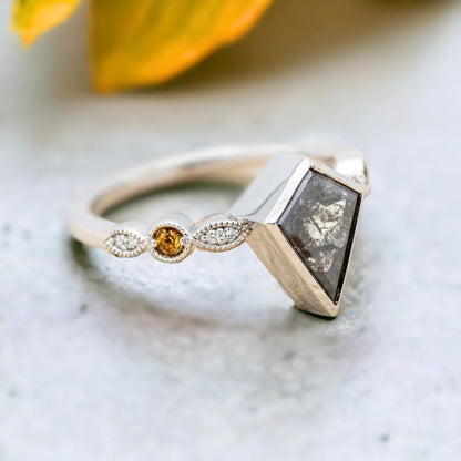 Kite Cut Salt and Pepper Diamond Engagement Ring Unique Bridal Ring