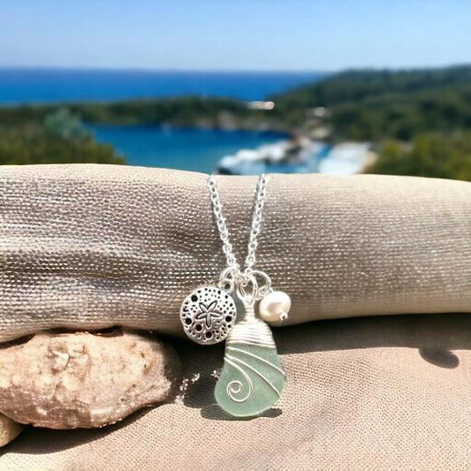 Hawaiian Sea Glass Necklace – Wire Wrapped with Sand Dollar Charm