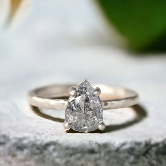 Pear-Cut Salt & Pepper Diamond Ring with Hammered Band