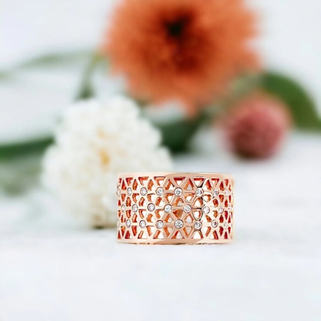 Handcrafted Diamond Band Ring with Pierced Gold Design