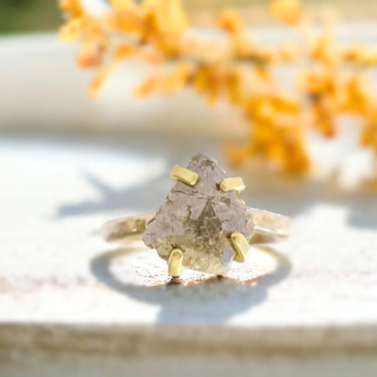 Rustic Hammered Gold Ring with Gray Diamond