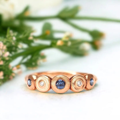 Five Seed Dome Ring with Diamonds and Blue Sapphire