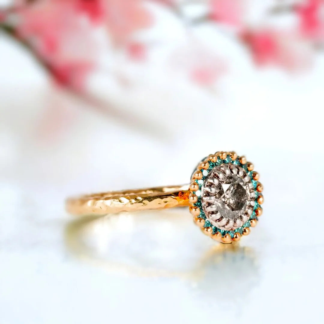 Hand-Forged Ocean Blue Diamond & Sapphire Ring – Antique Inspired