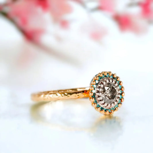 Hand-Forged Ocean Blue Diamond & Sapphire Ring – Antique Inspired