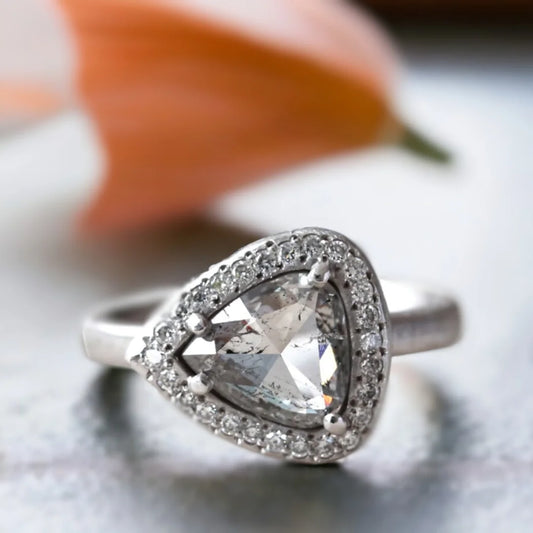 Exquisite Triangle Cut Salt & Pepper Diamond Halo Ring