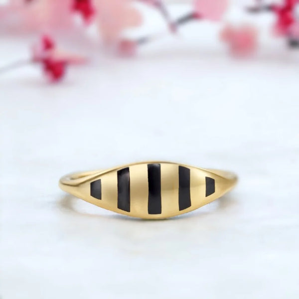 Obsidian Opulence Sleek Black Detailing Gold Ring, Golden Noir Bold Black Trimmed Statement Ring