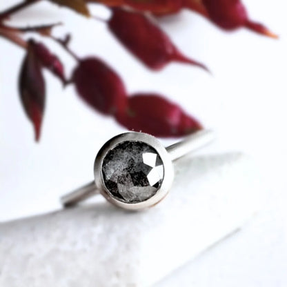 Round Salt and Pepper Diamond Ring Unique Natural Stone Design