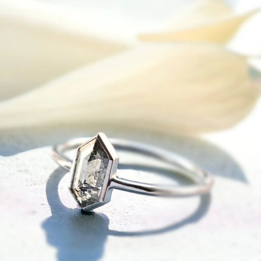 Rose Cut Hexagon Salt & Pepper Diamond Unique Engagement Ring