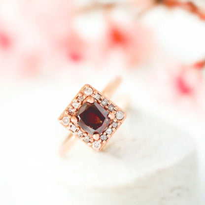 Champagne Diamond Cushion Halo Ring in Red Gold