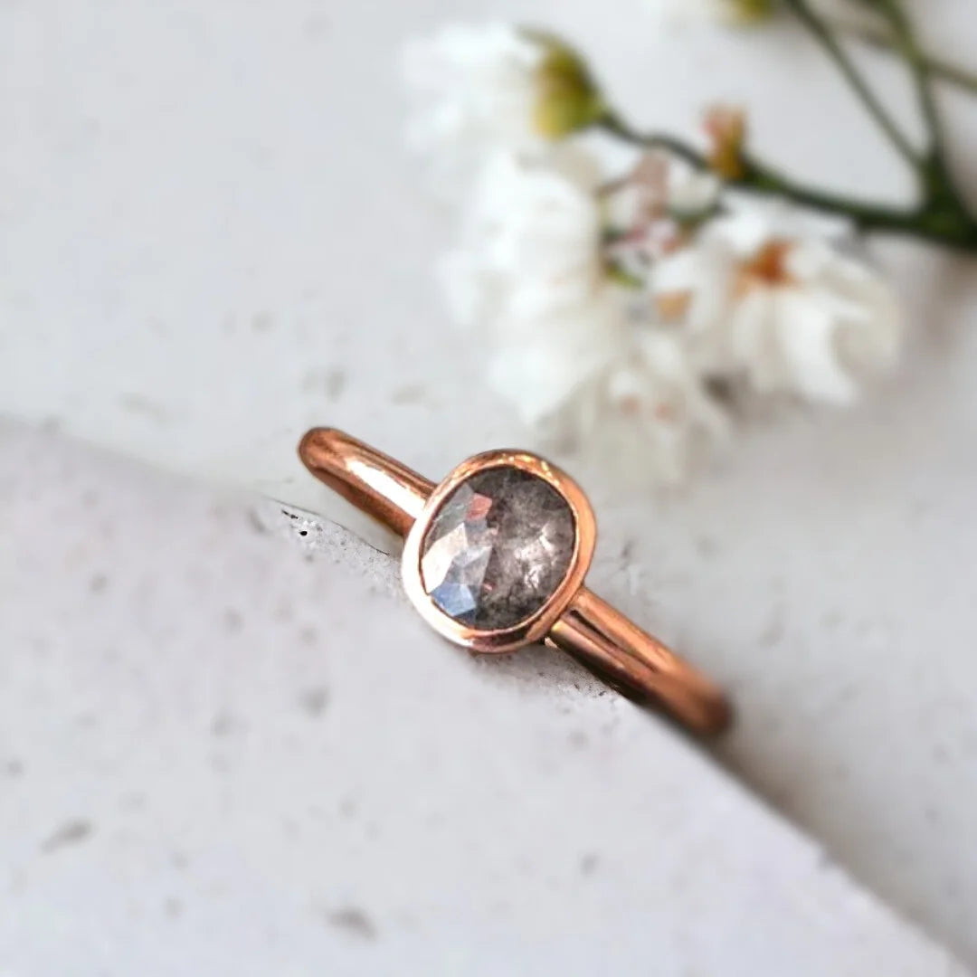 Salt and Pepper Oval Diamond Ring Rose Gold Bezel Solitaire
