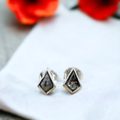 Salt and Pepper Kite Diamond Stud Earrings Bezel Set
