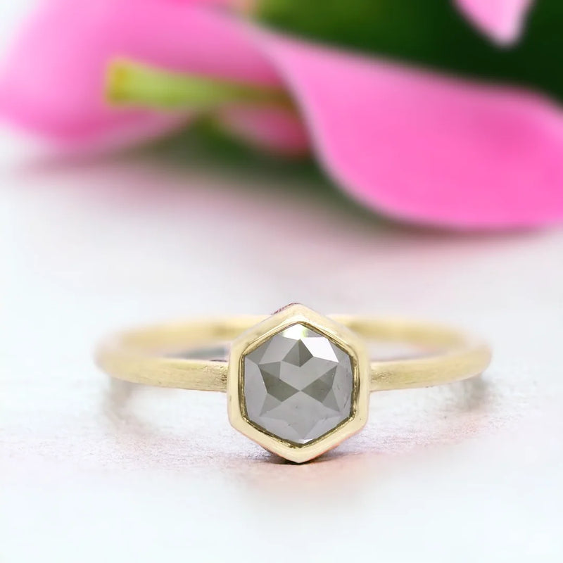 Dazzle Twilight Hexagon Rose Cut Natural Salt & Pepper Diamond Ring, Charm Starlit Diamond Ring