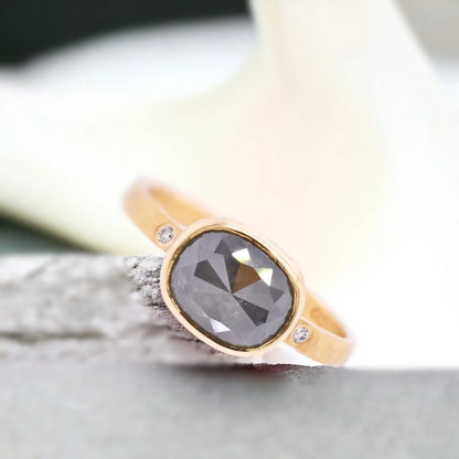 Rectangular Gray Rose Cut Diamond Ring Rose Gold Accent Diamonds