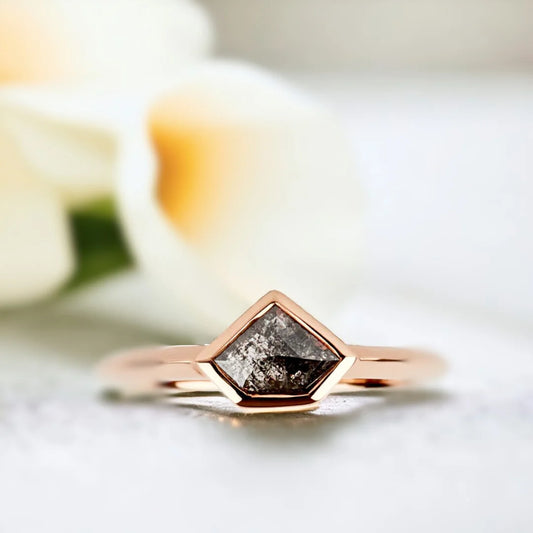 Salt and Pepper Diamond Shield Ring Fortress Flame Design