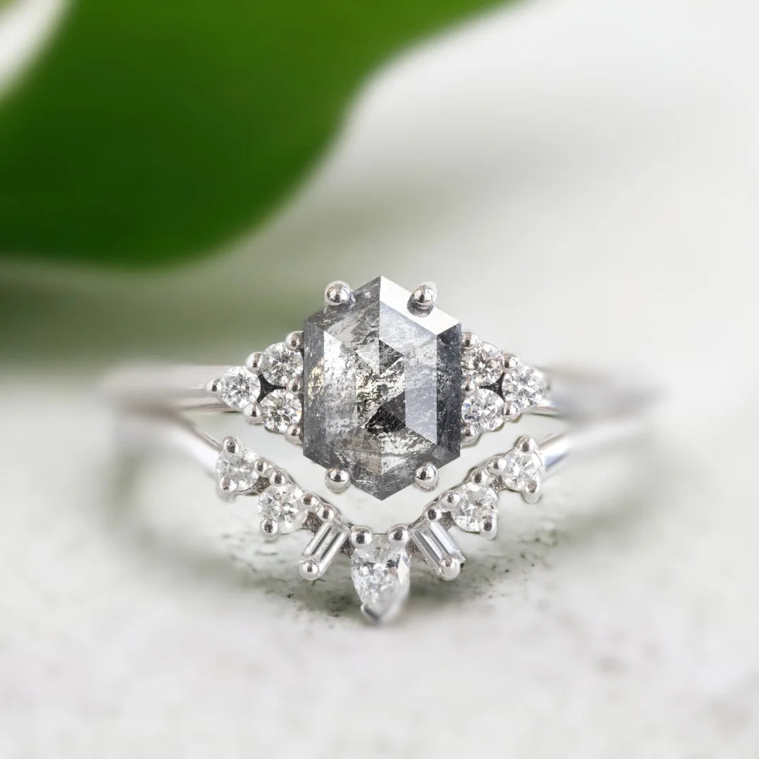 Hexagon Salt and Pepper Diamond Bridal Set White Gold Platinum