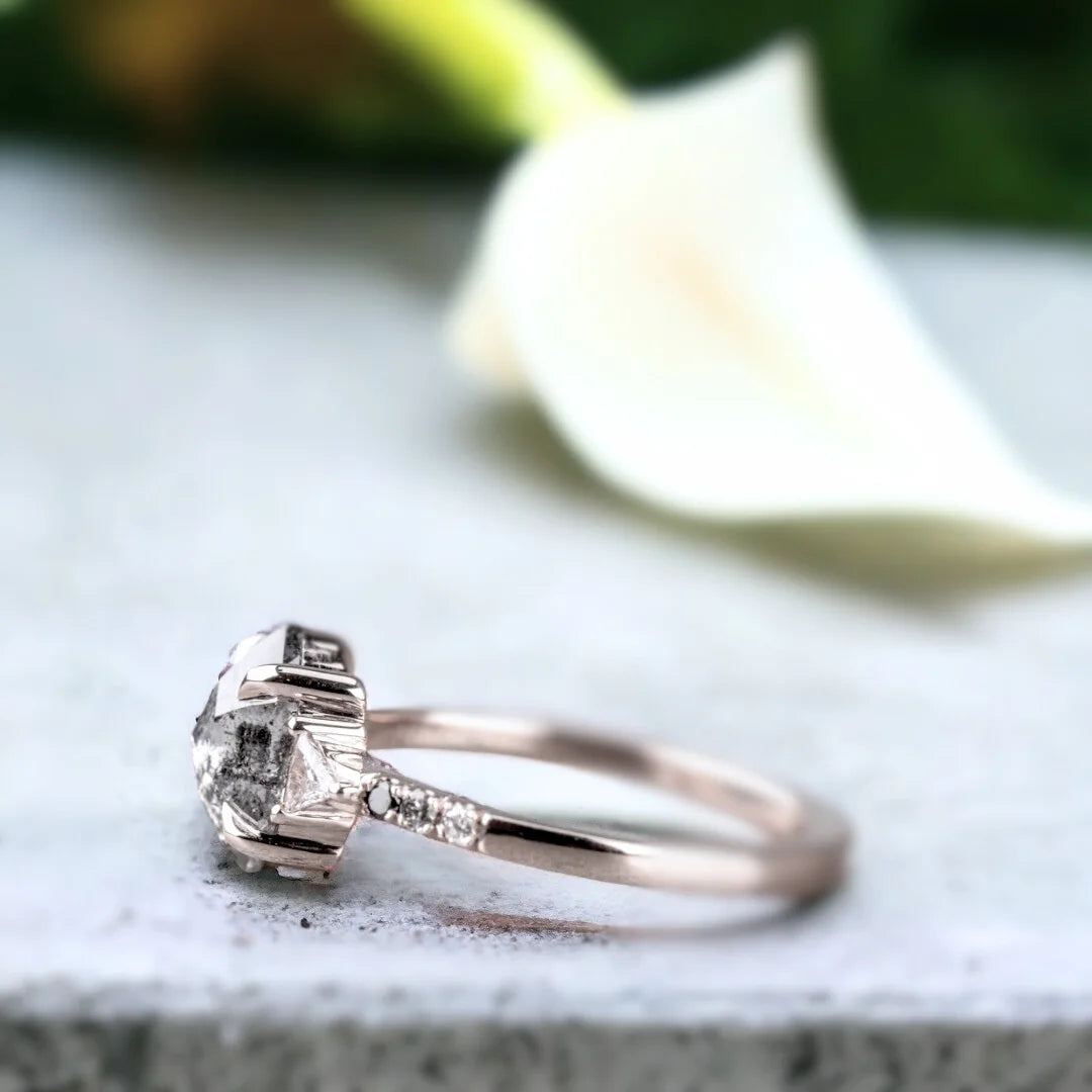 Handcrafted Hexagon Salt and Pepper Diamond Ring Premium Collection