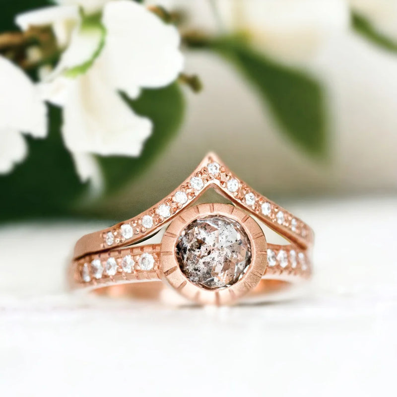 Victorian Lace Love Knot Bridal Diamond Ring Set, Aurora Borealis Salt And Pepper Diamond Ring