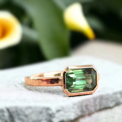 Green Sapphire Engagement Ring Floating Bezel Step Cut Vintage Style