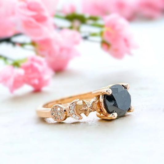 Black Diamond Celestial Ring – Sun Moon Star Round Cut