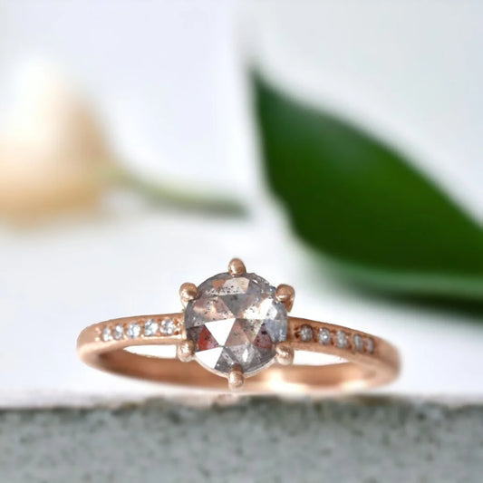 Round Rose-Cut Salt & Pepper Diamond Ring with White Accent Diamonds