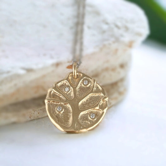 Tree of Life Gold Pendant with Diamond Accents | Handcrafted Sand Cast Artisan Jewelry