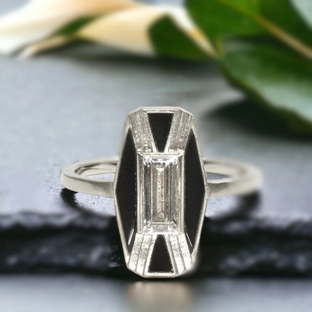 Imber Designer Ring Lab Grown Diamond Black Jasper Baguettes