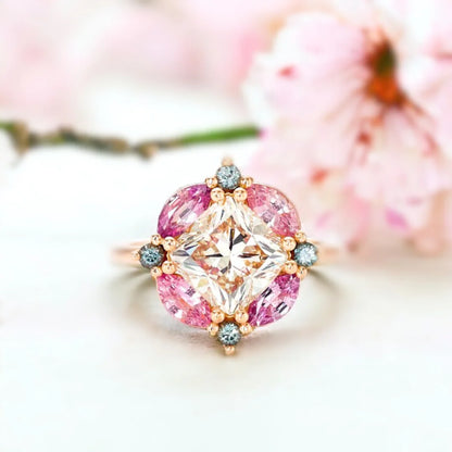 Cushion Diamond Mosaic Ring with Teal and Pink Sapphires