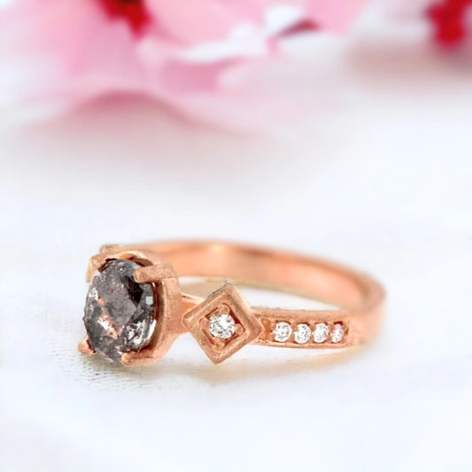 Rose Gold Salt & Pepper Diamond Ring with Oval Center & Accent Stones