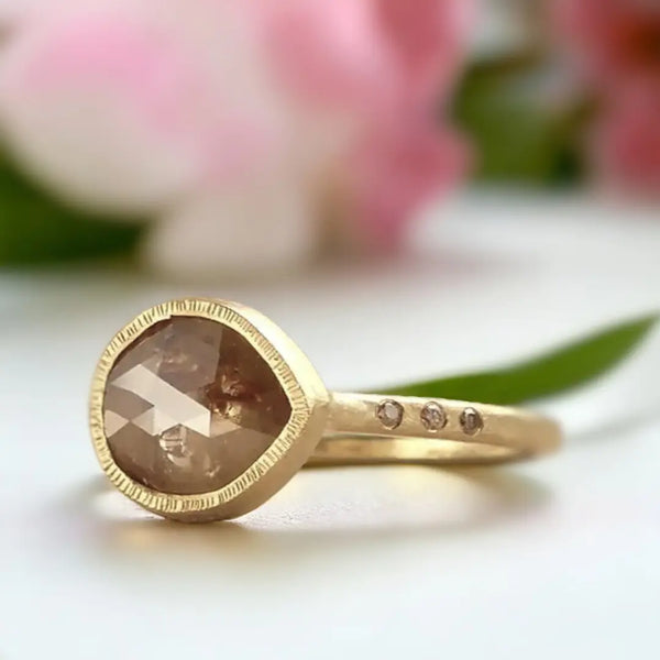 Vintage-Inspired Charm Brown Diamond Yellow Gold Engagement Ring, Earthy Elegance Rustic Diamond Ring