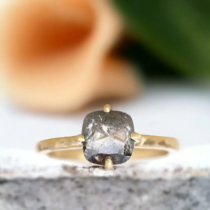 Artisan Salt and Pepper Diamond Ring Hammered Band Bridal Ring