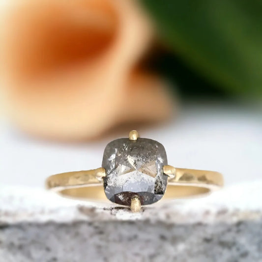 Artisan Salt & Pepper Diamond Ring with Hammered Band - Bridal Ring