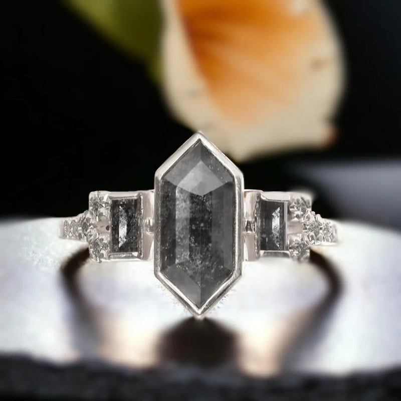 Retro Radiance Range Diamond Ring, Rustic Glamour Hexagon Shape Natural Salt & Pepper Diamond Ring