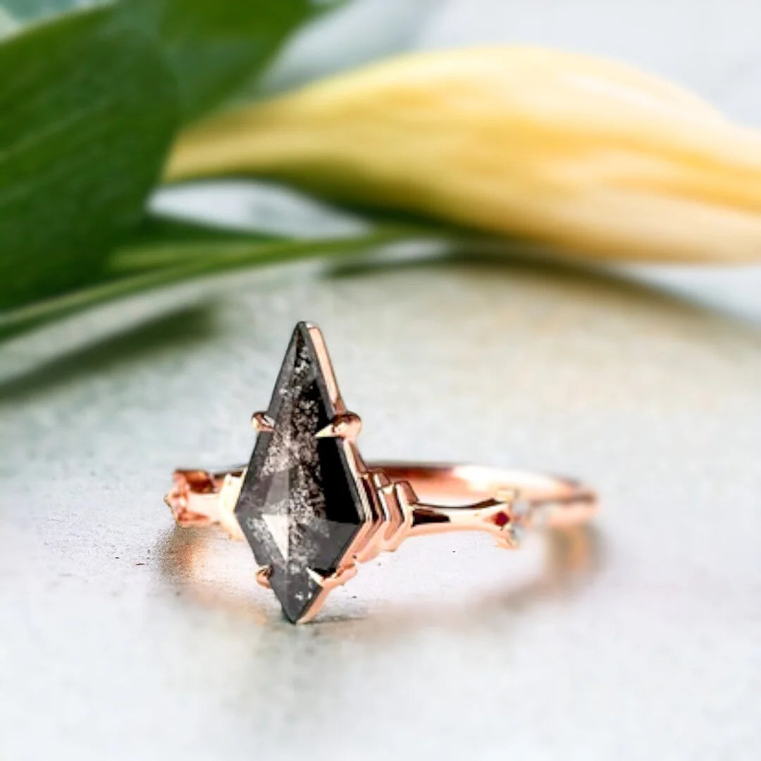 Salt and Pepper Kite Diamond Ring Art Deco Engagement Ring